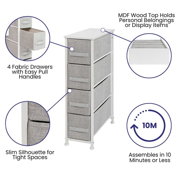Flash Furniture White/Gray 4 Drawer Slim Dresser Organizer - WX-5L203-WH-GR-GG