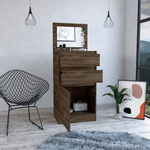 Tuhome Kamelot Dresser With Jewelry Box, Single Door Cabinet, Mirror, Two Drawers, Dark Walnut - JLC6742
