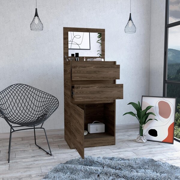 Tuhome Kamelot Dresser With Jewelry Box, Single Door Cabinet, Mirror, Two Drawers, Dark Walnut - JLC6742