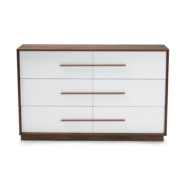 Baxton Studio Mette Mid-Century White and Walnut Finished 6-Drawer Wood Dresser - 157-9696