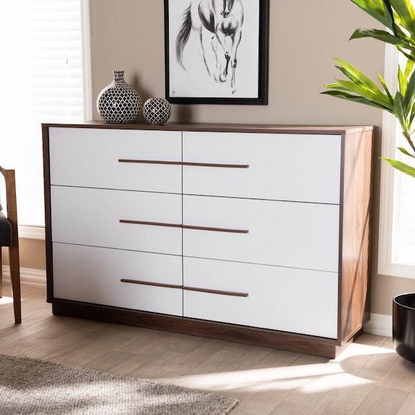 Baxton Studio Mette Mid-Century White and Walnut Finished 6-Drawer Wood Dresser - 157-9696