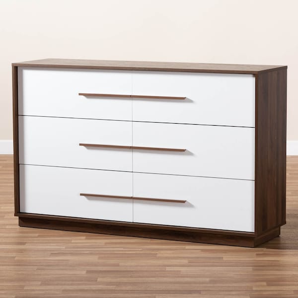 Baxton Studio Mette Mid-Century White and Walnut Finished 6-Drawer Wood Dresser - 157-9696