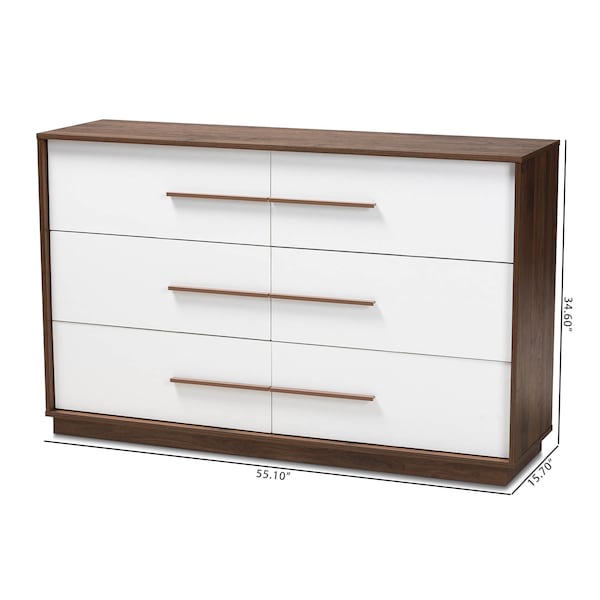 Baxton Studio Mette Mid-Century White and Walnut Finished 6-Drawer Wood Dresser - 157-9696