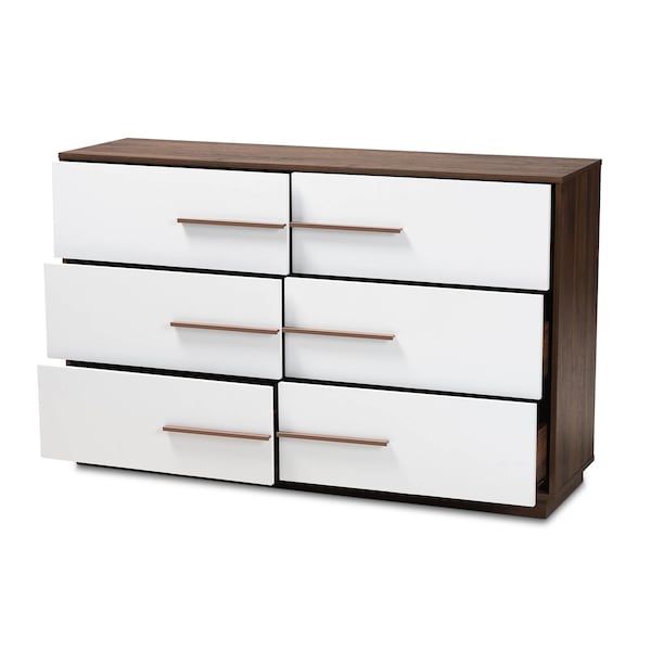 Baxton Studio Mette Mid-Century White and Walnut Finished 6-Drawer Wood Dresser - 157-9696