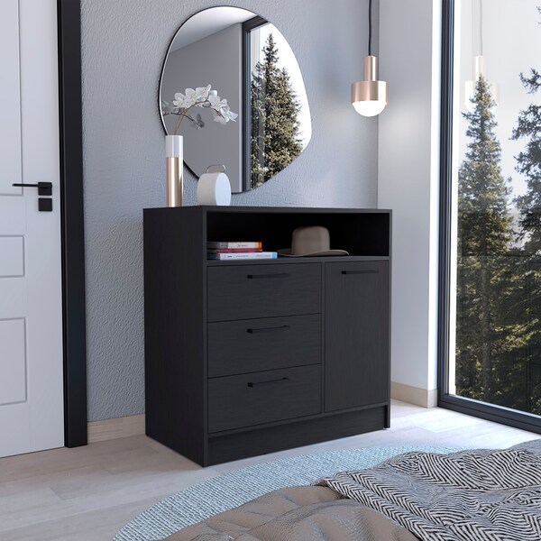 Tuhome Omaha Dresser Multi-Storage Compact Unit with Spacious 3 Drawers and Cabinet-Black - CLW9091