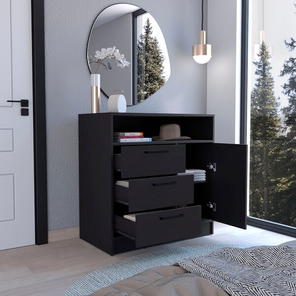 Tuhome Omaha Dresser Multi-Storage Compact Unit with Spacious 3 Drawers and Cabinet-Black - CLW9091