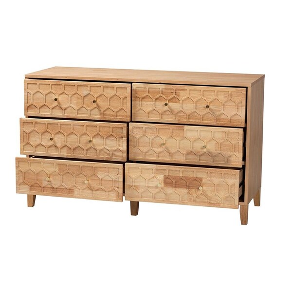 Baxton Studio Hosea Japandi Carved Honeycomb Natural 6-Drawer Dresser - 246-13622-ZORO