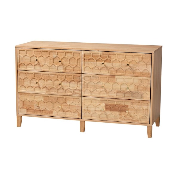 Baxton Studio Hosea Japandi Carved Honeycomb Natural 6-Drawer Dresser - 246-13622-ZORO