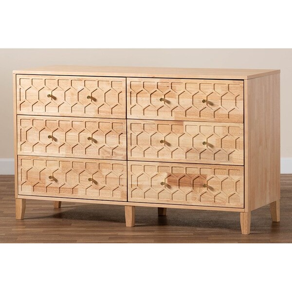Baxton Studio Hosea Japandi Carved Honeycomb Natural 6-Drawer Dresser - 246-13622-ZORO