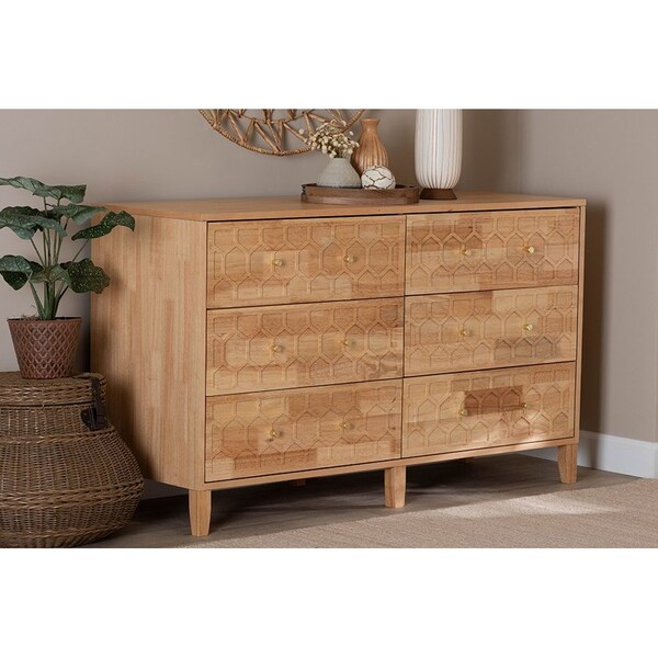 Baxton Studio Hosea Japandi Carved Honeycomb Natural 6-Drawer Dresser - 246-13622-ZORO