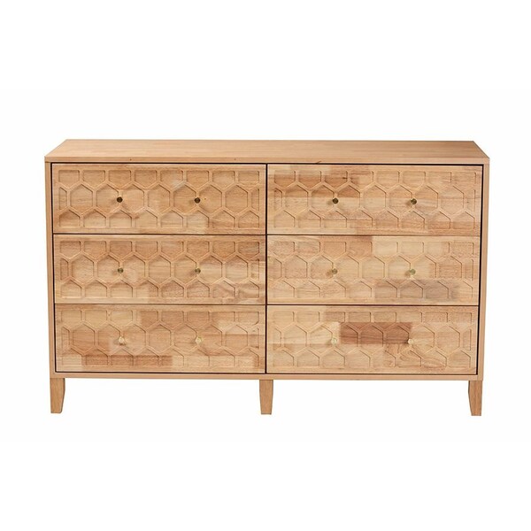 Baxton Studio Hosea Japandi Carved Honeycomb Natural 6-Drawer Dresser - 246-13622-ZORO