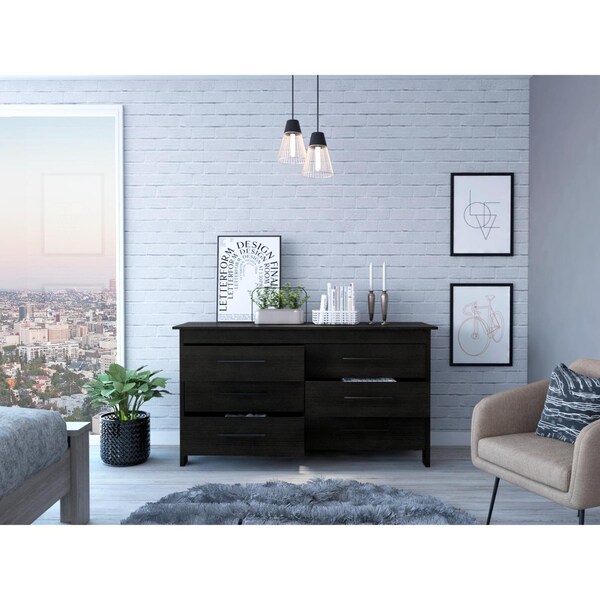 Tuhome Hms 6 Drawer Double Dresser, Four Legs, Superior Top, Black - CLW5981