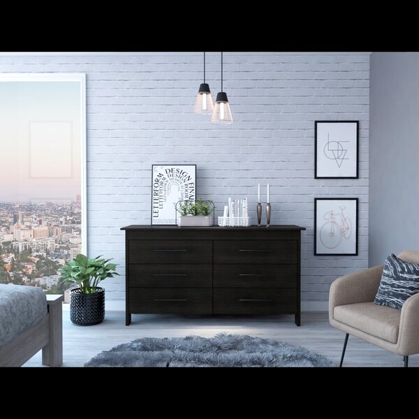 Tuhome Hms 6 Drawer Double Dresser, Four Legs, Superior Top, Black - CLW5981
