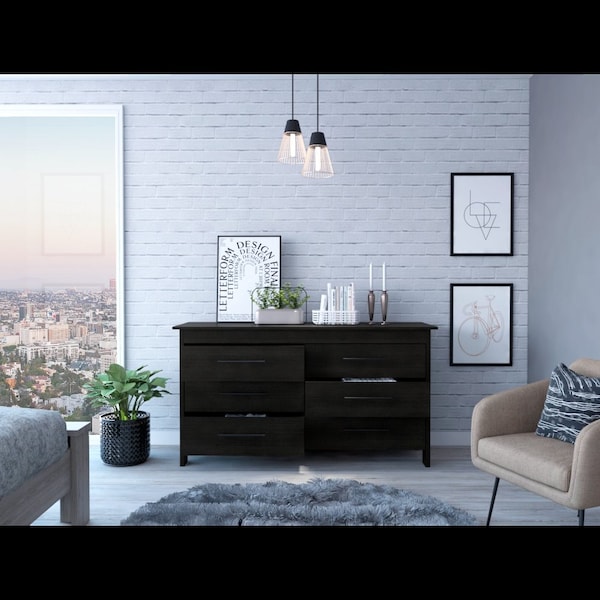 Tuhome Hms 6 Drawer Double Dresser, Four Legs, Superior Top, Black - CLW5981