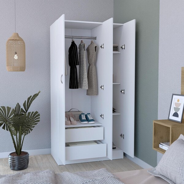 Tuhome Ohio Armoire Wardrobe with 3-Doors. 2-Drawers. and 4-Tier Shelves -White - CLB9031