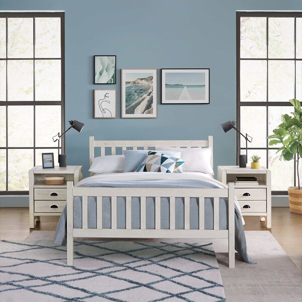 Alaterre Furniture Windsor 3-Piece Bedroom Set with Slat Full Bed and 2 Nightstands, White - ANWI2031R4
