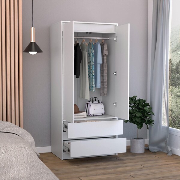 Tuhome Austin 2 Drawers Armoire, Double Door, Hanging Rod, White - CLB8960