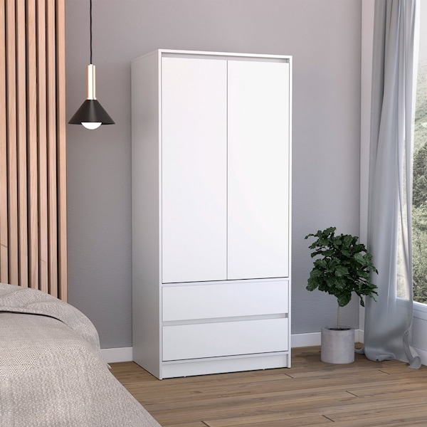 Tuhome Austin 2 Drawers Armoire, Double Door, Hanging Rod, White - CLB8960