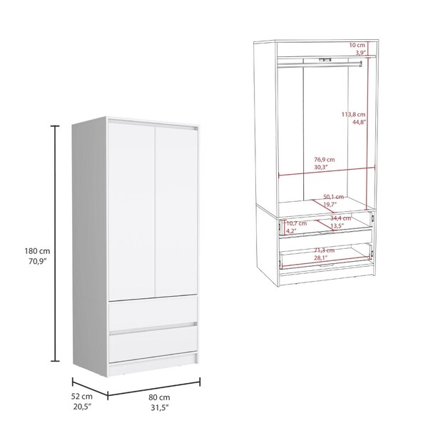 Tuhome Austin 2 Drawers Armoire, Double Door, Hanging Rod, White - CLB8960