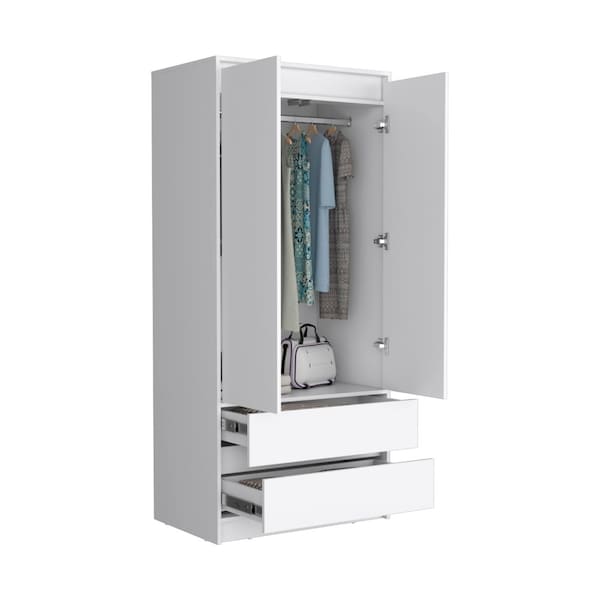 Tuhome Austin 2 Drawers Armoire, Double Door, Hanging Rod, White - CLB8960