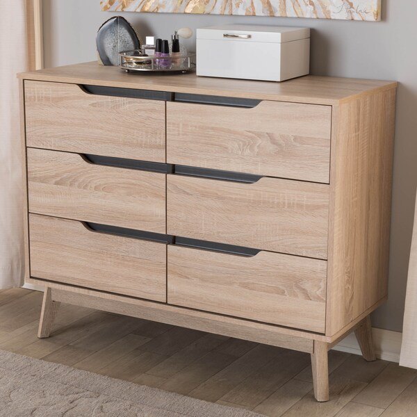 Baxton Studio Fella Mid-Century Modern Two-Tone Oak and Grey Wood 6-Drawer Dresser - 138-7702