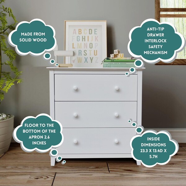 International Concepts Solid Wood Bedroom Dresser/Chest with 3 Drawers, White - BD08-8003