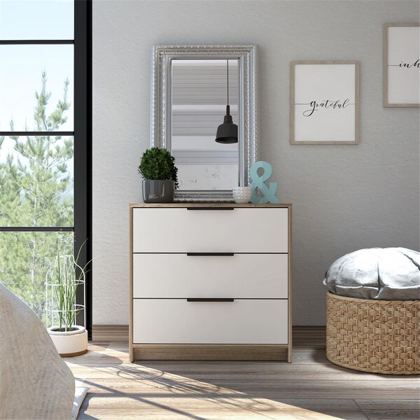 Gfancy Fixtures 28 in. Manufactured Wood Three Drawer Standard Dresser, Light Oak & White - GF3671877