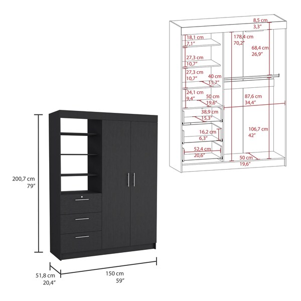 Tuhome Kenya 3 Drawers Armoire, Double Door, 3-Tier Shelf, Black - CLW8963