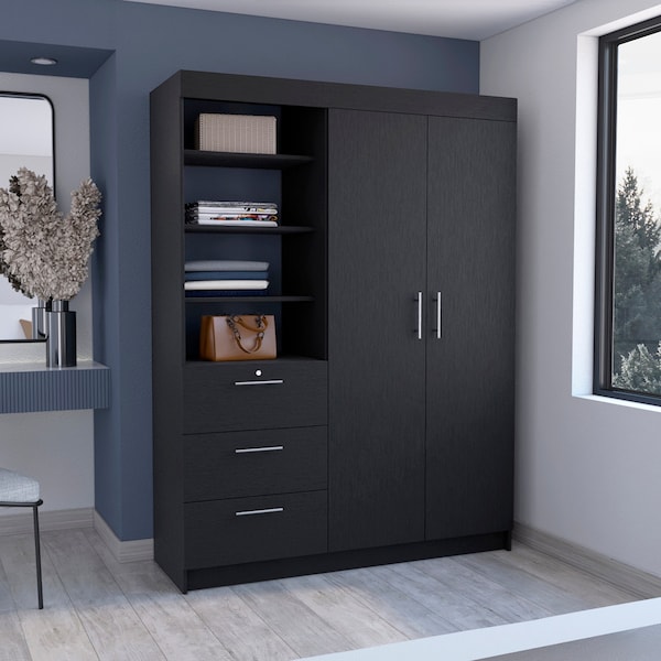 Tuhome Kenya 3 Drawers Armoire, Double Door, 3-Tier Shelf, Black - CLW8963