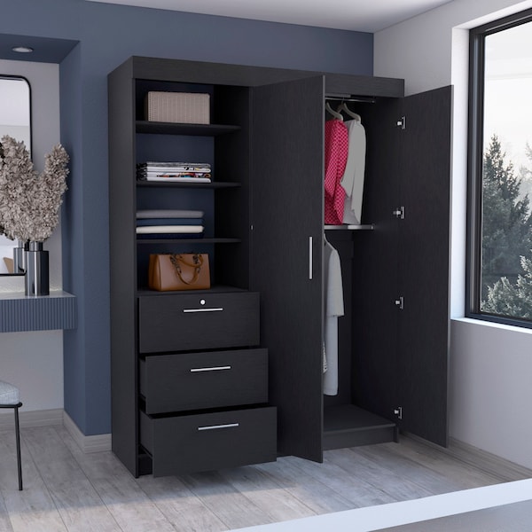 Tuhome Kenya 3 Drawers Armoire, Double Door, 3-Tier Shelf, Black - CLW8963