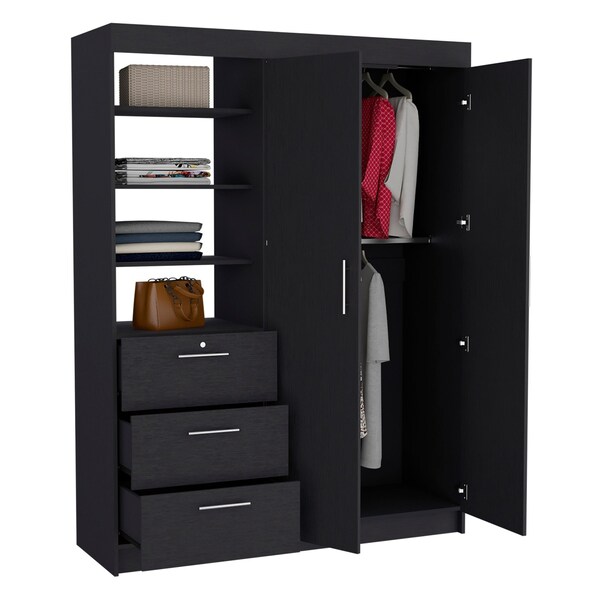 Tuhome Kenya 3 Drawers Armoire, Double Door, 3-Tier Shelf, Black - CLW8963