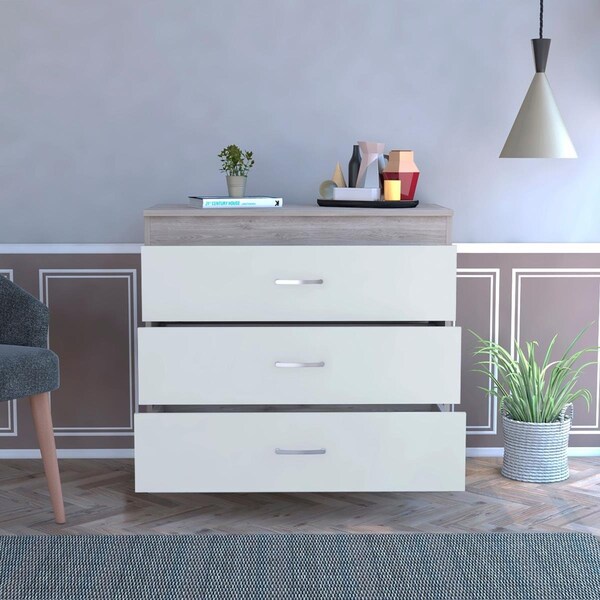 Homeroots 29 in. Light Gray & White Three Drawer Dresser - 472120