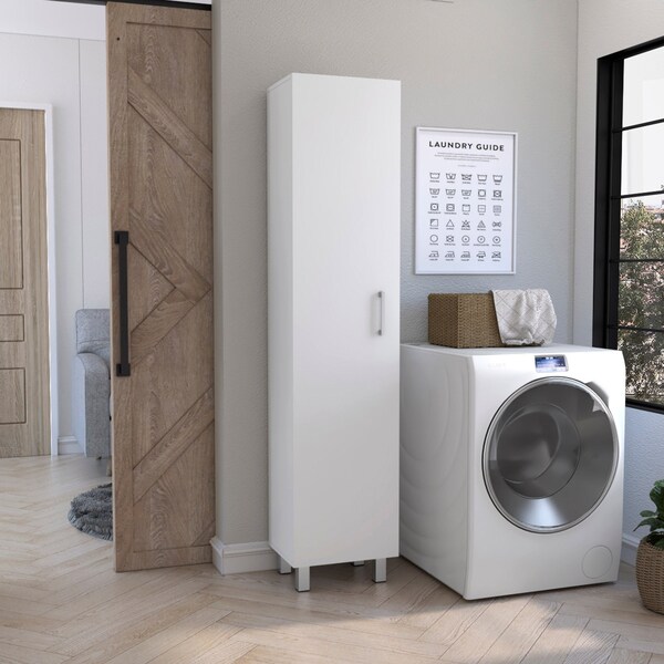 Tuhome Vintro Storage Cabinet, Broom Hangers, Metal Handle, White - MLB8977