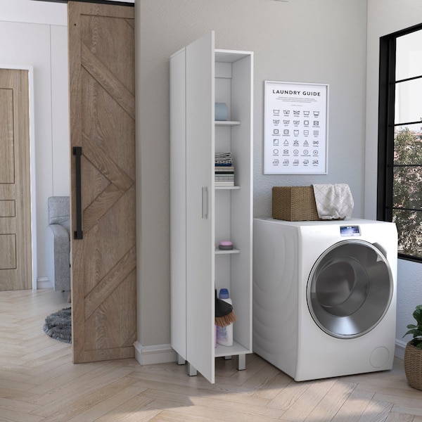 Tuhome Vintro Storage Cabinet, Broom Hangers, Metal Handle, White - MLB8977
