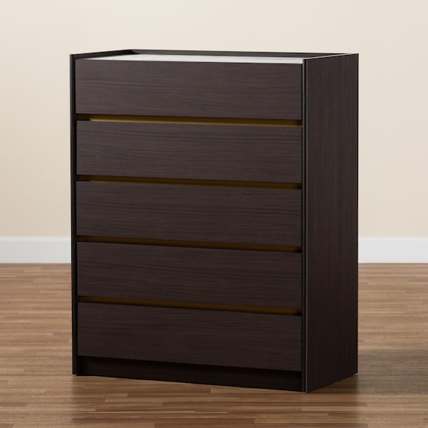 Baxton Studio Walker Modern and Contemporary Dark Brown and Gold Finished Wood 5-Drawer Chest with Faux Marble Top - 189-11621-ZORO