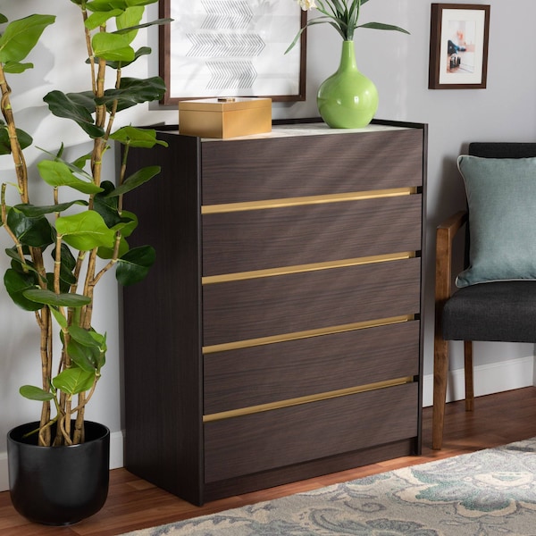 Baxton Studio Walker Modern and Contemporary Dark Brown and Gold Finished Wood 5-Drawer Chest with Faux Marble Top - 189-11621-ZORO