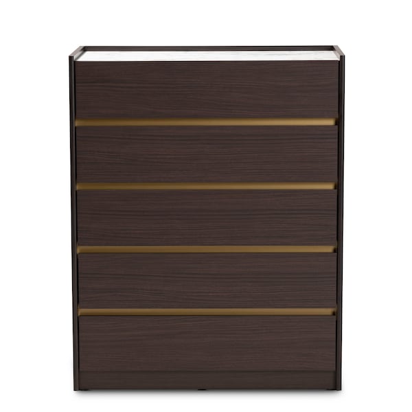 Baxton Studio Walker Modern and Contemporary Dark Brown and Gold Finished Wood 5-Drawer Chest with Faux Marble Top - 189-11621-ZORO