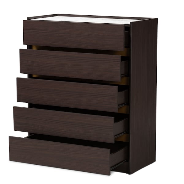 Baxton Studio Walker Modern and Contemporary Dark Brown and Gold Finished Wood 5-Drawer Chest with Faux Marble Top - 189-11621-ZORO