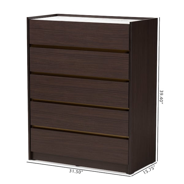 Baxton Studio Walker Modern and Contemporary Dark Brown and Gold Finished Wood 5-Drawer Chest with Faux Marble Top - 189-11621-ZORO