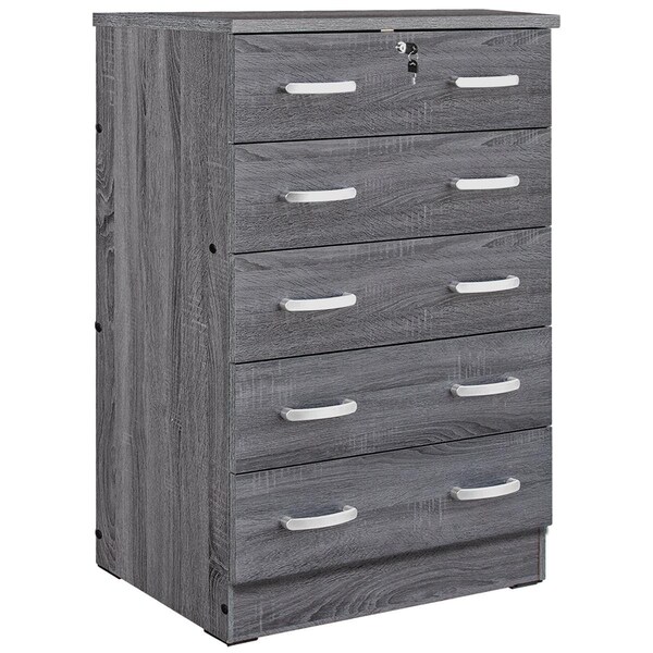 Better Home Cindy 5 Drawer Chest Wooden Dresser with Lock, Gray - WC5-GRY