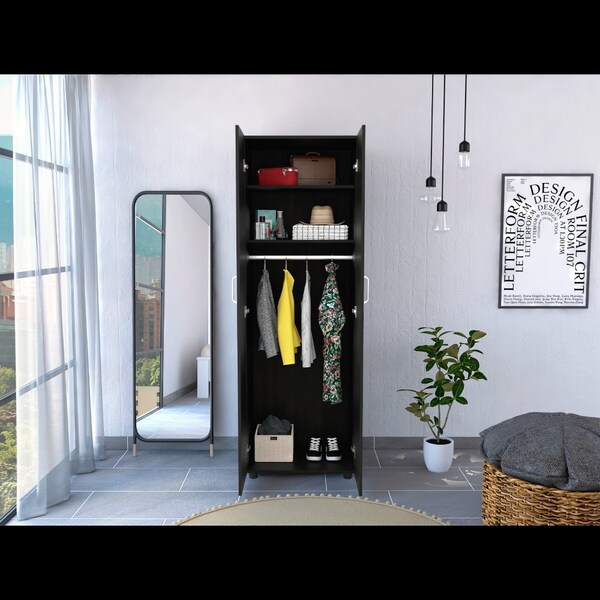 Tuhome Aurora Armoire, Two Interior Shelves, Rod, Double Door, Black - CLW6471