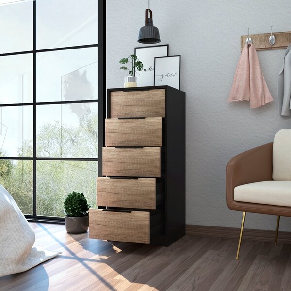 Tuhome Kaia 5 Drawer Dresser, Vertical Dresser, Black/Pine - CWC4762