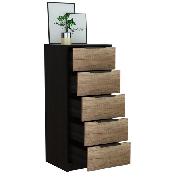 Tuhome Kaia 5 Drawer Dresser, Vertical Dresser, Black/Pine - CWC4762