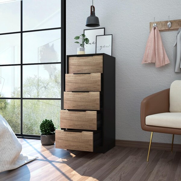 Tuhome Kaia 5 Drawer Dresser, Vertical Dresser, Black/Pine - CWC4762