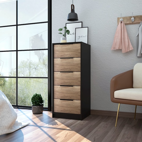 Tuhome Kaia 5 Drawer Dresser, Vertical Dresser, Black/Pine - CWC4762