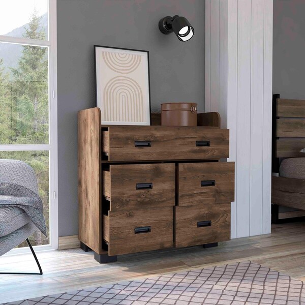 Tuhome Alyn Dresser, Four Legs, Four Drawers, One Double Drawer, Superior Top, Dark Brown - CLB7153
