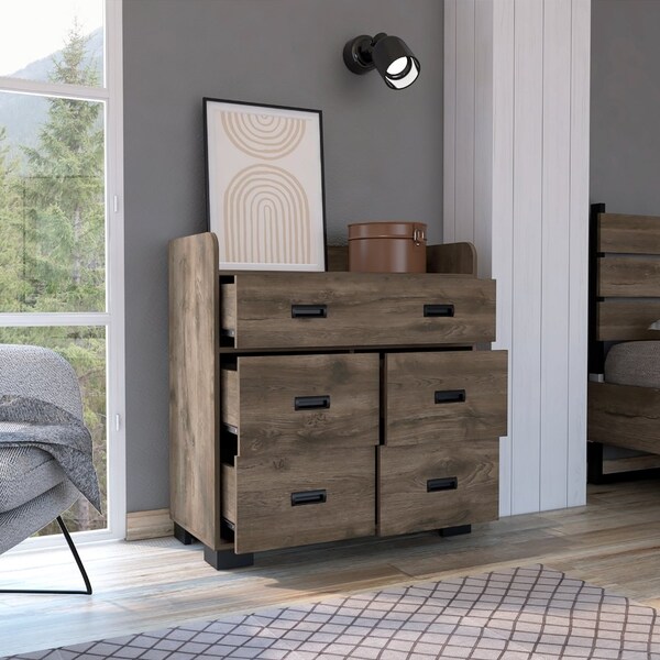 Tuhome Alyn Dresser, Four Legs, Four Drawers, One Double Drawer, Superior Top, Dark Brown - CLB7153