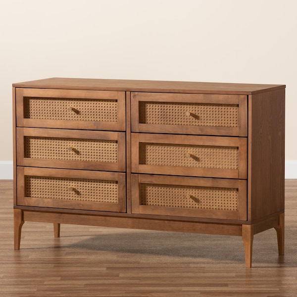 Baxton Studio Ramiel MidCentury Modern Ash Walnut Finished Wood and Rattan 6Drawer Dresser - 215-12427-ZORO