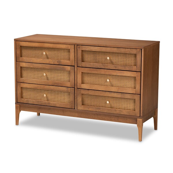 Baxton Studio Ramiel MidCentury Modern Ash Walnut Finished Wood and Rattan 6Drawer Dresser - 215-12427-ZORO