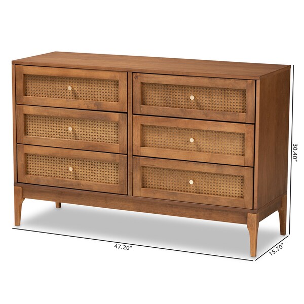 Baxton Studio Ramiel MidCentury Modern Ash Walnut Finished Wood and Rattan 6Drawer Dresser - 215-12427-ZORO